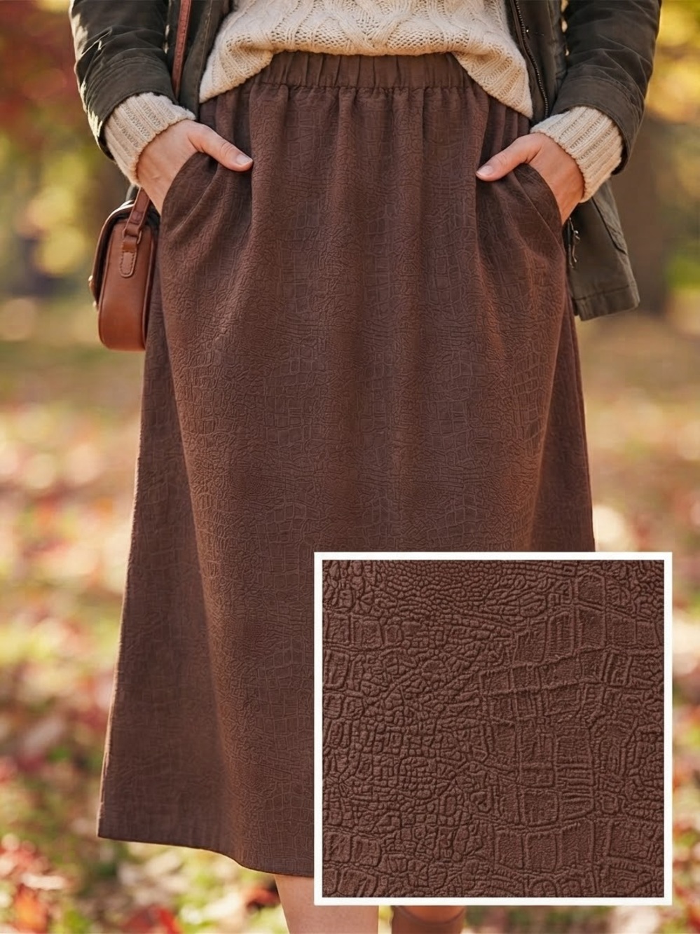 Erika Studio Brown Textured Midi Skirt Fall Pockets Size XL velvet like animal